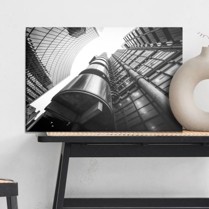 Canvas Wall Art: Modern Skyscrapers in Black and White – Urban Perspective from the Ground Up