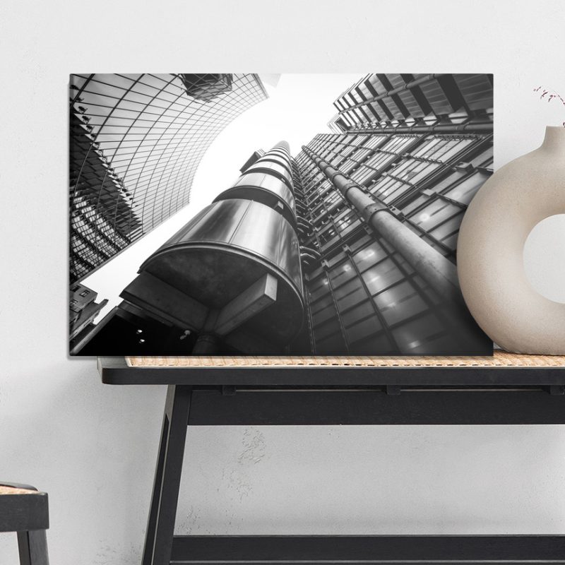 Canvas Wall Art: Modern Skyscrapers in Black and White – Urban Perspective from the Ground Up