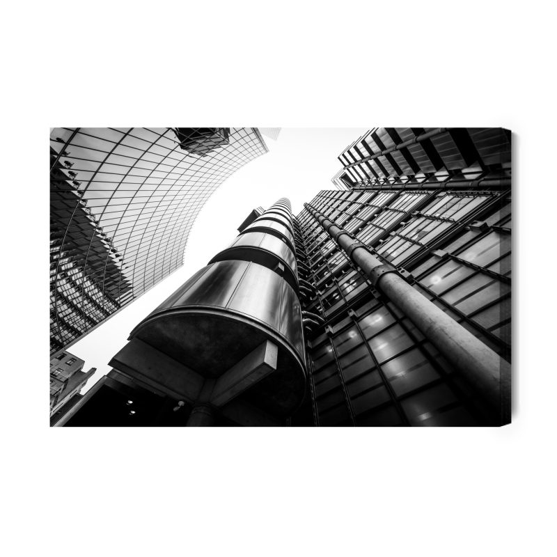 Canvas Wall Art: Modern Skyscrapers in Black and White – Urban Perspective from the Ground Up