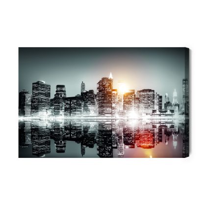 Canvas Wall Art: Nighttime Manhattan by the Water – Elegant Sunset Skyline