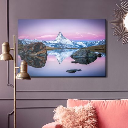 Canvas wall art: Mountain lake at sunrise – artistic harmony of nature