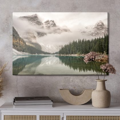 Canvas wall art: Moraine Lake in the clouds – nature in perfect harmony