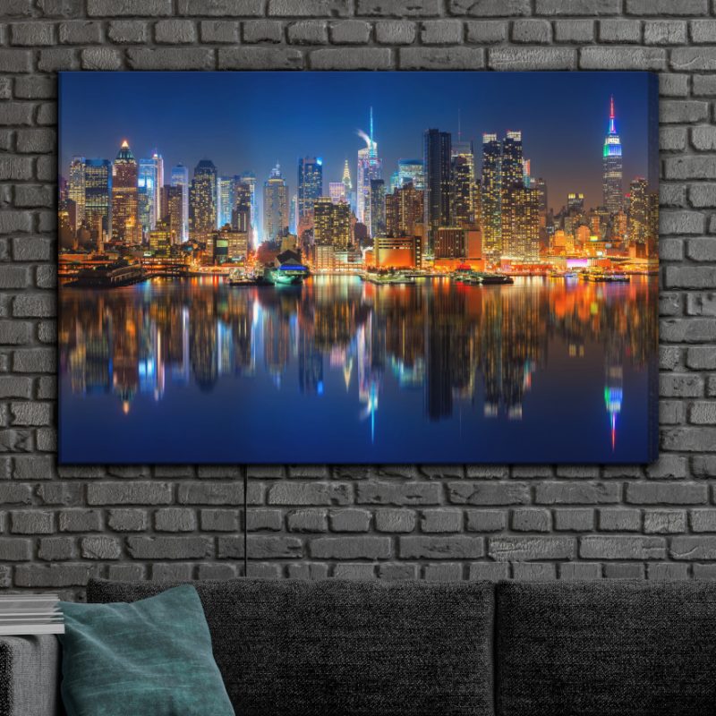 Canvas Wall Art: Manhattan at Night – The Glow of the Metropolis by the Water