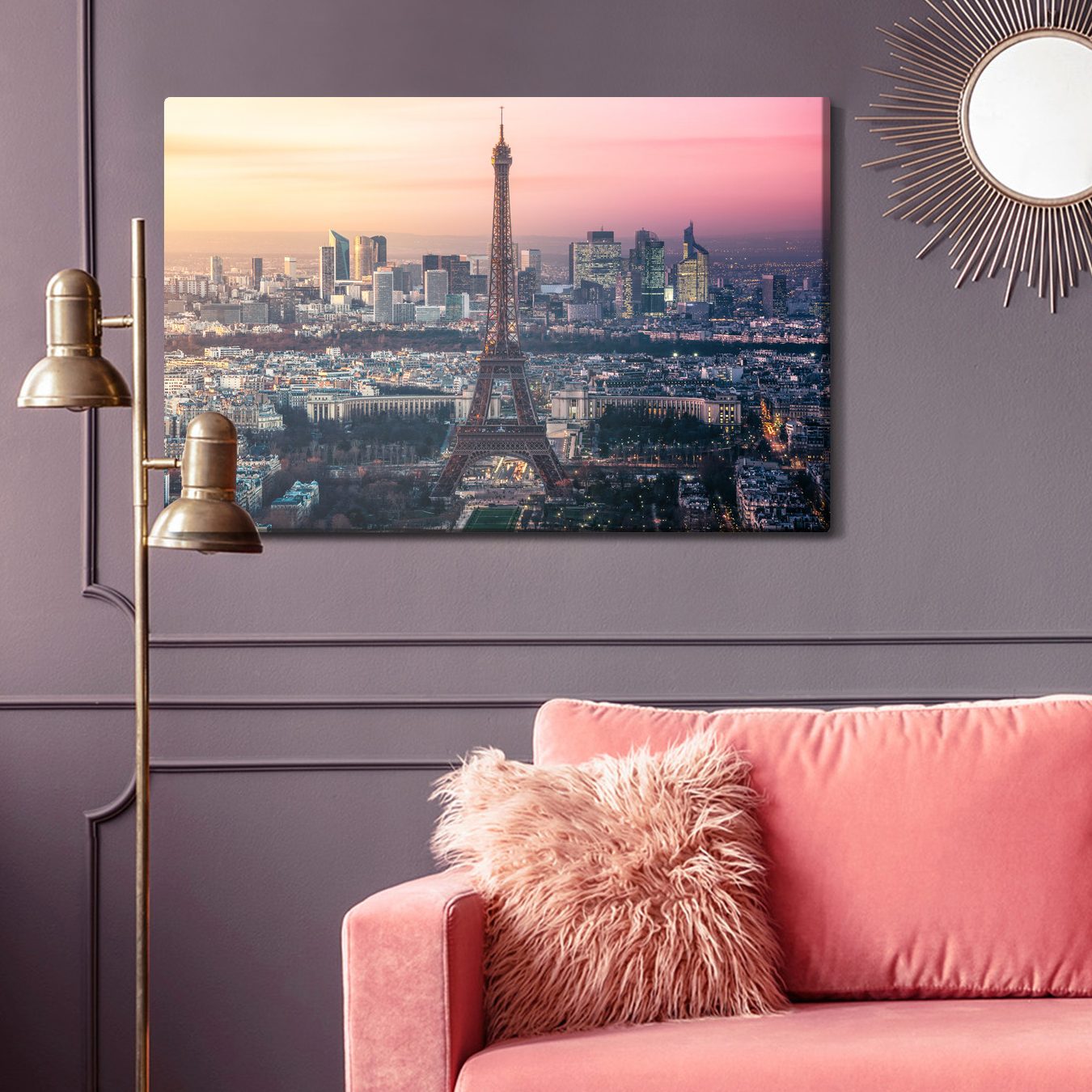 Obraz na plátně: Panorama Paříže s Eiffelovou věží při západu slunce