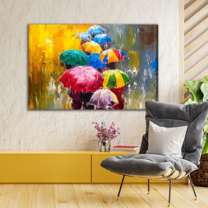 Canvas print colorful umbrellas in the rain