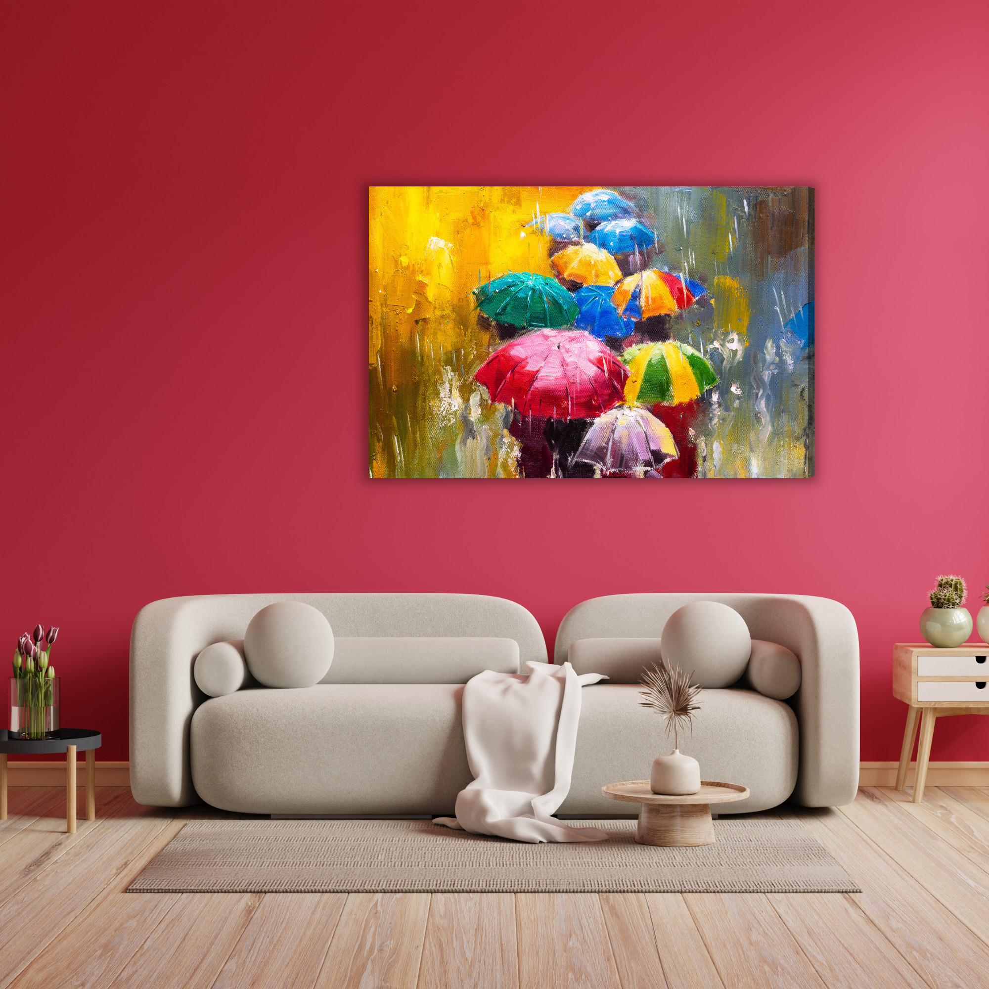 Canvas print colorful umbrellas in the rain - Image 4