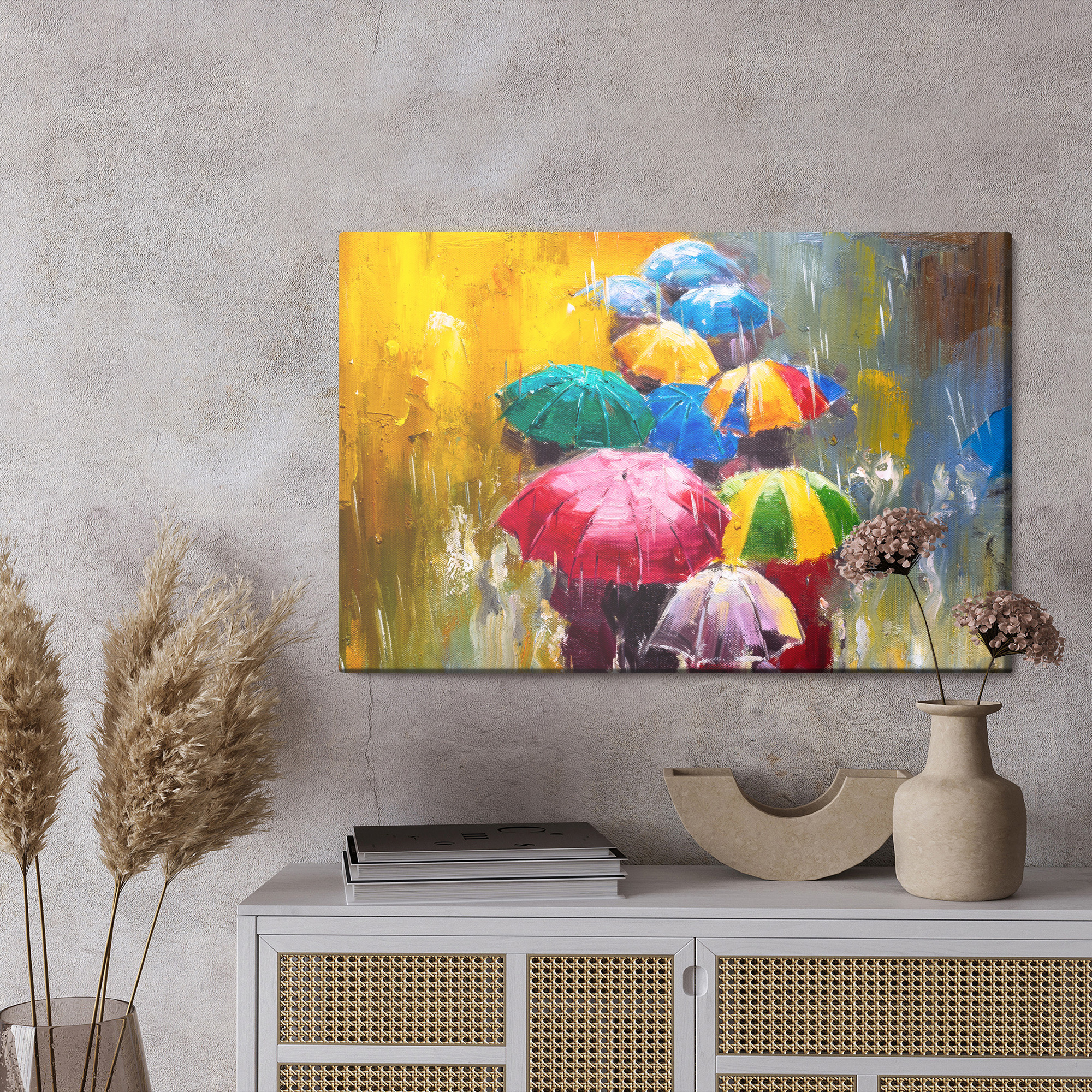 Canvas print colorful umbrellas in the rain - Image 5