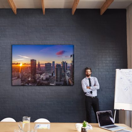 Panorama Warszawy o zachodzie słońca na płótnie