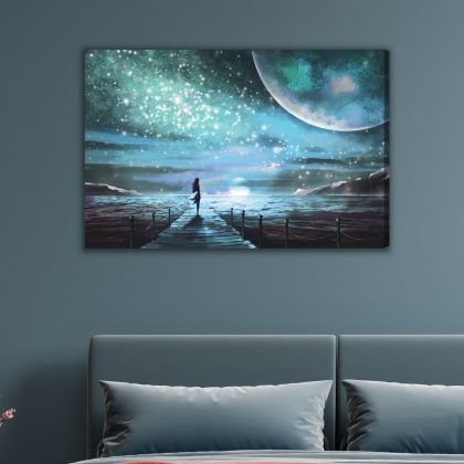 Canvas print Starry sea and a woman on the pier