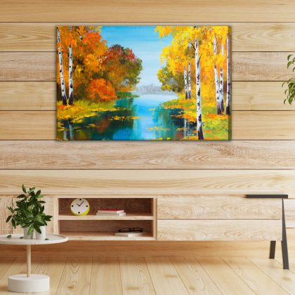 Autumn Landscape with Birches in Golden Colors by the Water