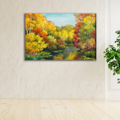 Autumn Forest Pond – Golden Reflections on Canvas