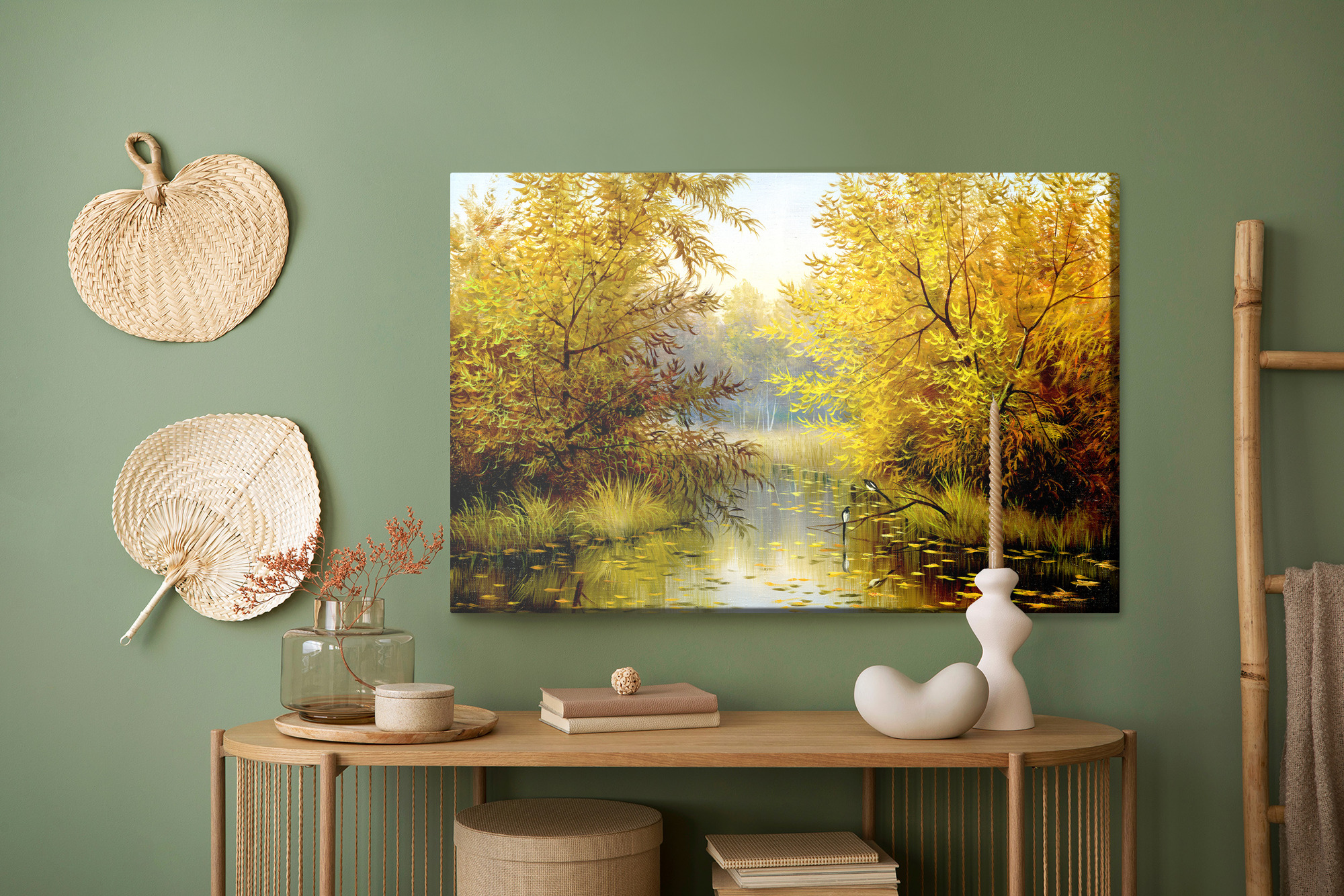 Golden Autumn by a Forest Pond. Canvas Print - Image 6