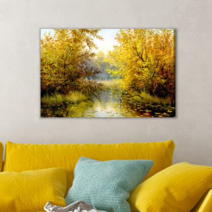 Golden Autumn by a Forest Pond. Canvas Print