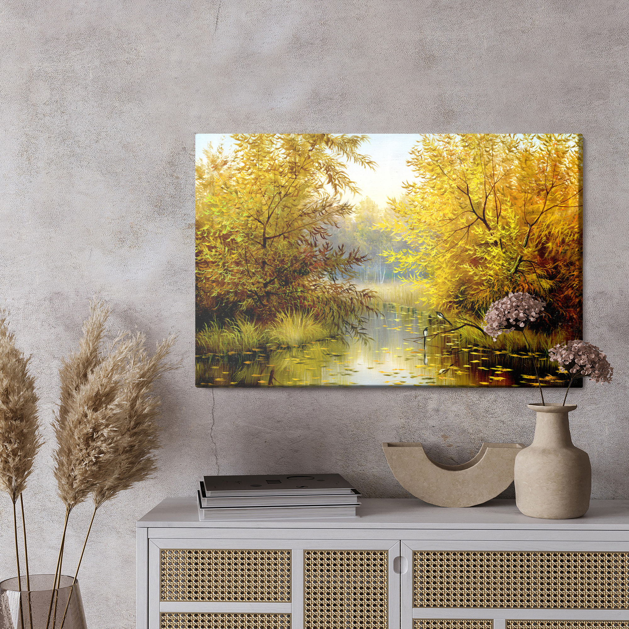 Golden Autumn by a Forest Pond. Canvas Print - Image 4