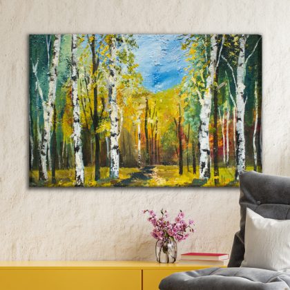 Autumn birch forest canvas art in a painterly style