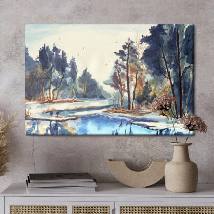 Winter Forest by a River in Watercolor Style. Canvas Print