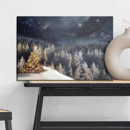 Christmas tree in a snowy night forest canvas art