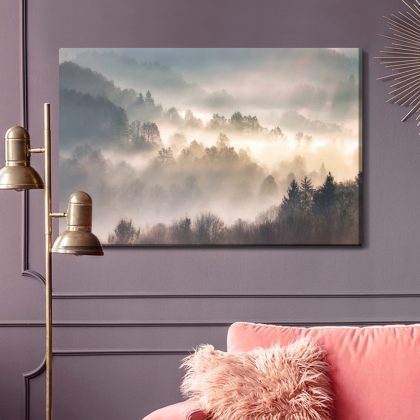 Misty morning in a mountain forest – canvas print