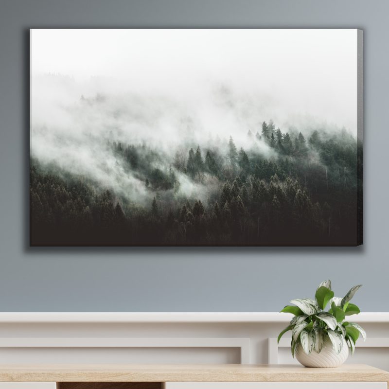 Modern canvas wall art: Mountain forest in the mist – minimalist decoration for the living room and office