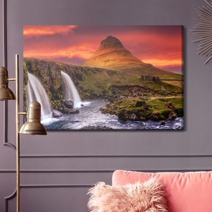 Sunset mountain and waterfall canvas wall art