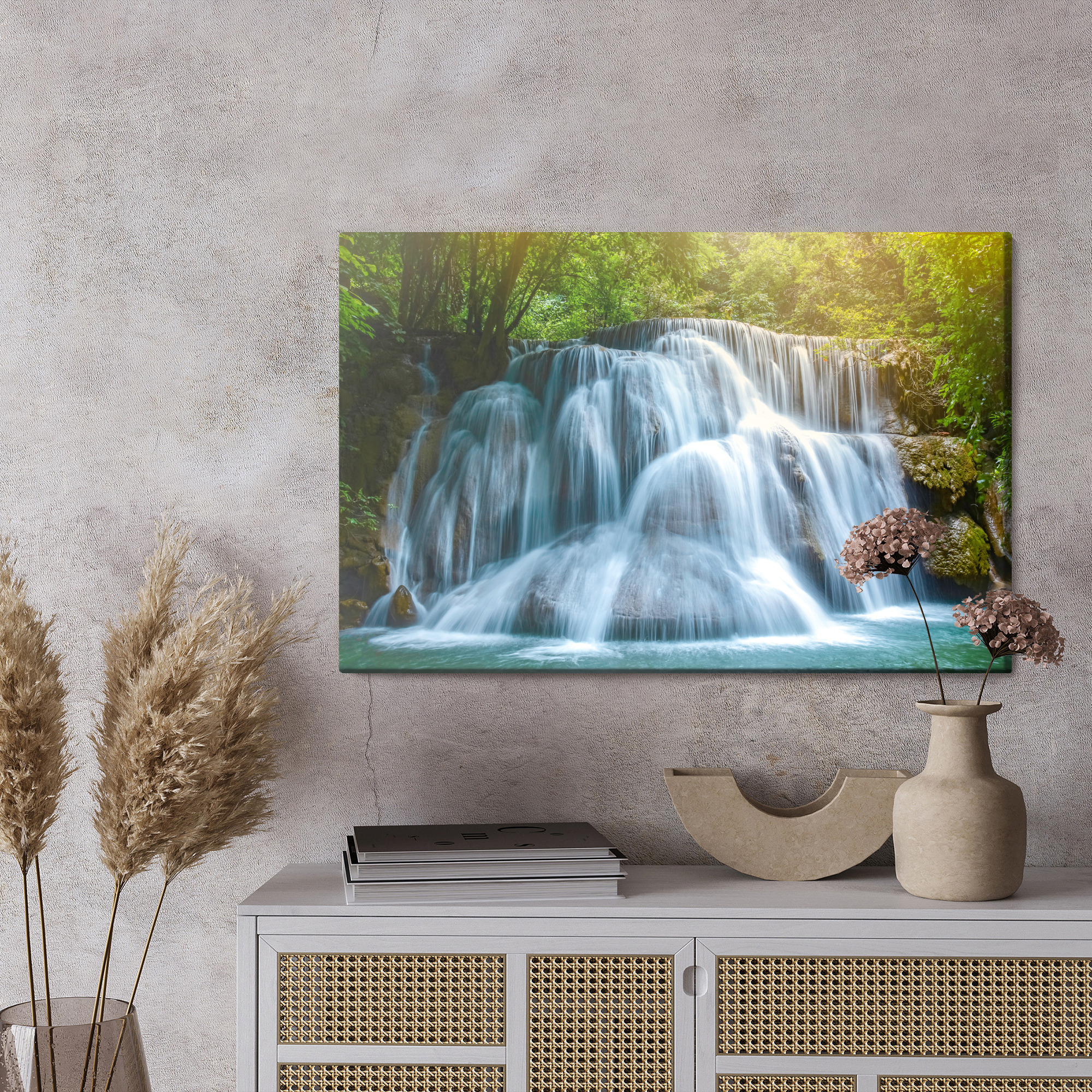Sunlit forest waterfall – canvas print - Image 3
