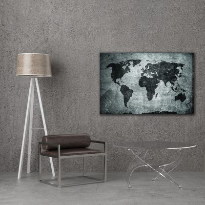 Black and white world map canvas industrial style