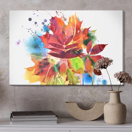 Modern canvas wall art: Colorful watercolor leaves – energetic decoration for the living room and bedroom