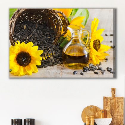 Canvas wall art: Sunflowers, seeds and oil – warm decoration for kitchen and dining room