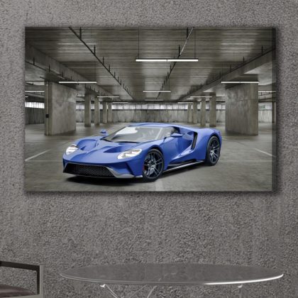 Moderní obraz na plátně: Modré sportovní auto v industriální garáži