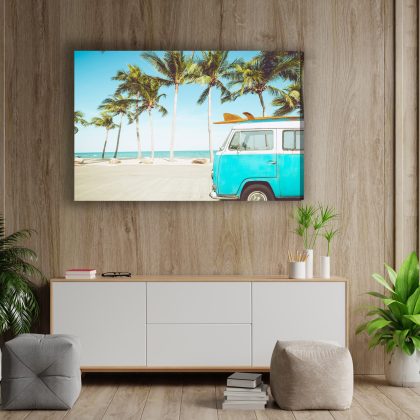 Canvas print retro bus and palm trees on the beach
