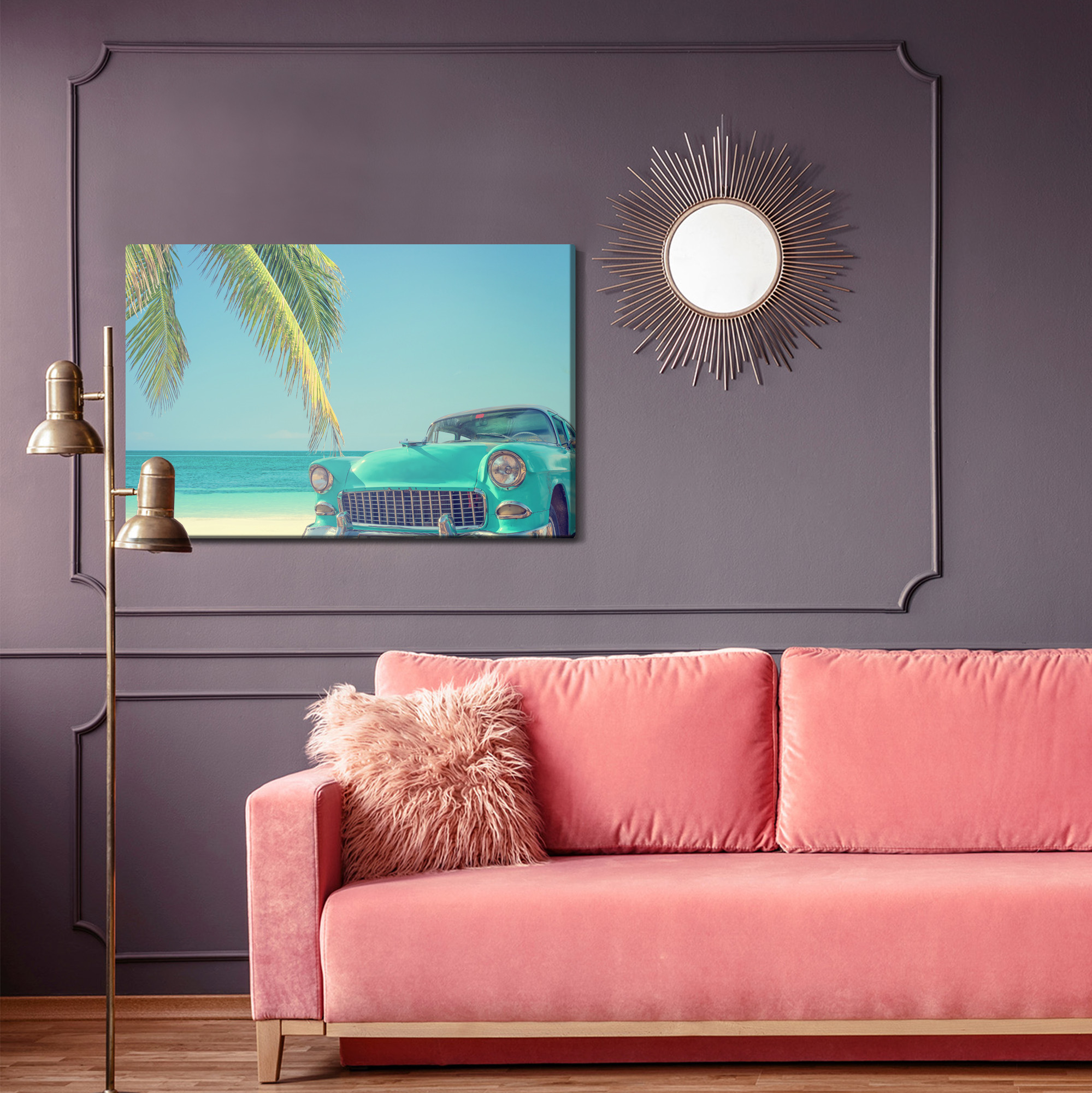 Canvas print retro car by palm trees on the beach - Image 5