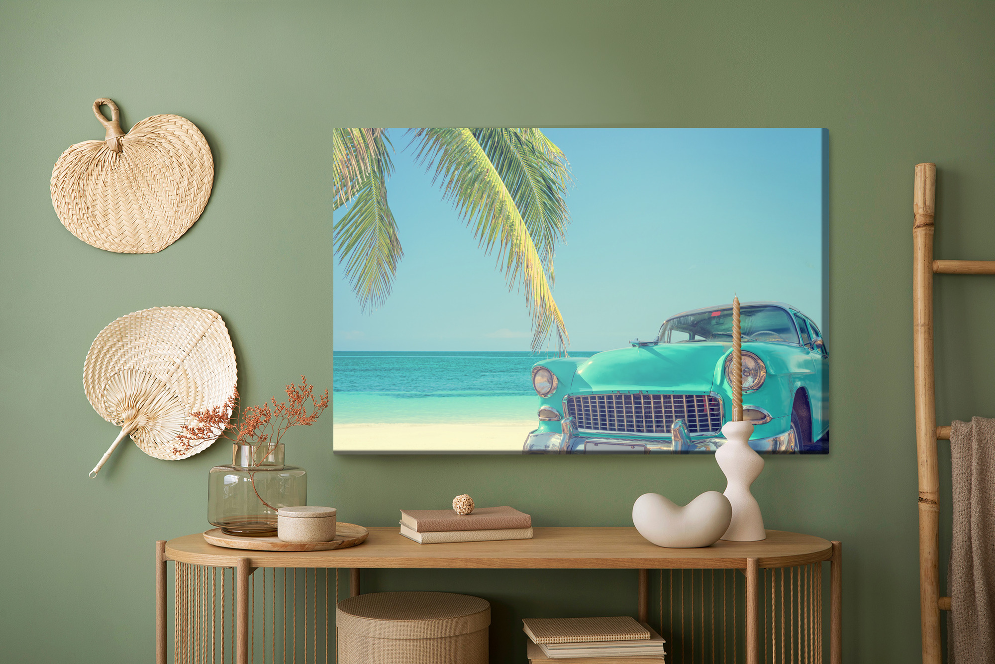 Canvas print retro car by palm trees on the beach - Image 6