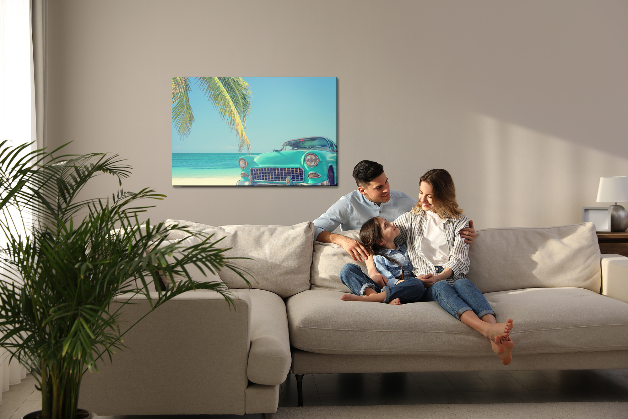 Canvas print retro car by palm trees on the beach - Image 8