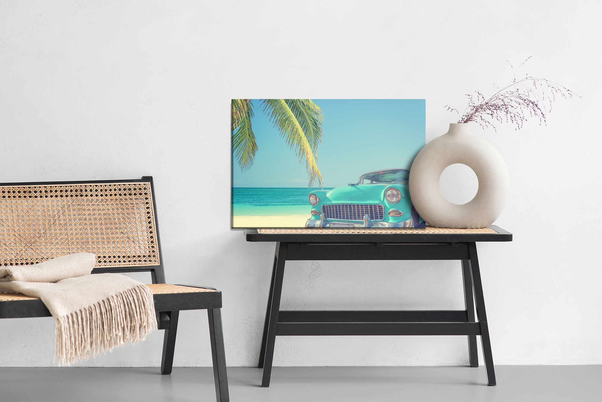 Canvas print retro car by palm trees on the beach - Image 7