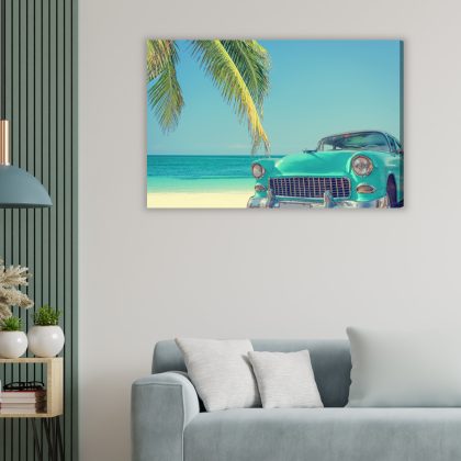 Canvas print retro car by palm trees on the beach