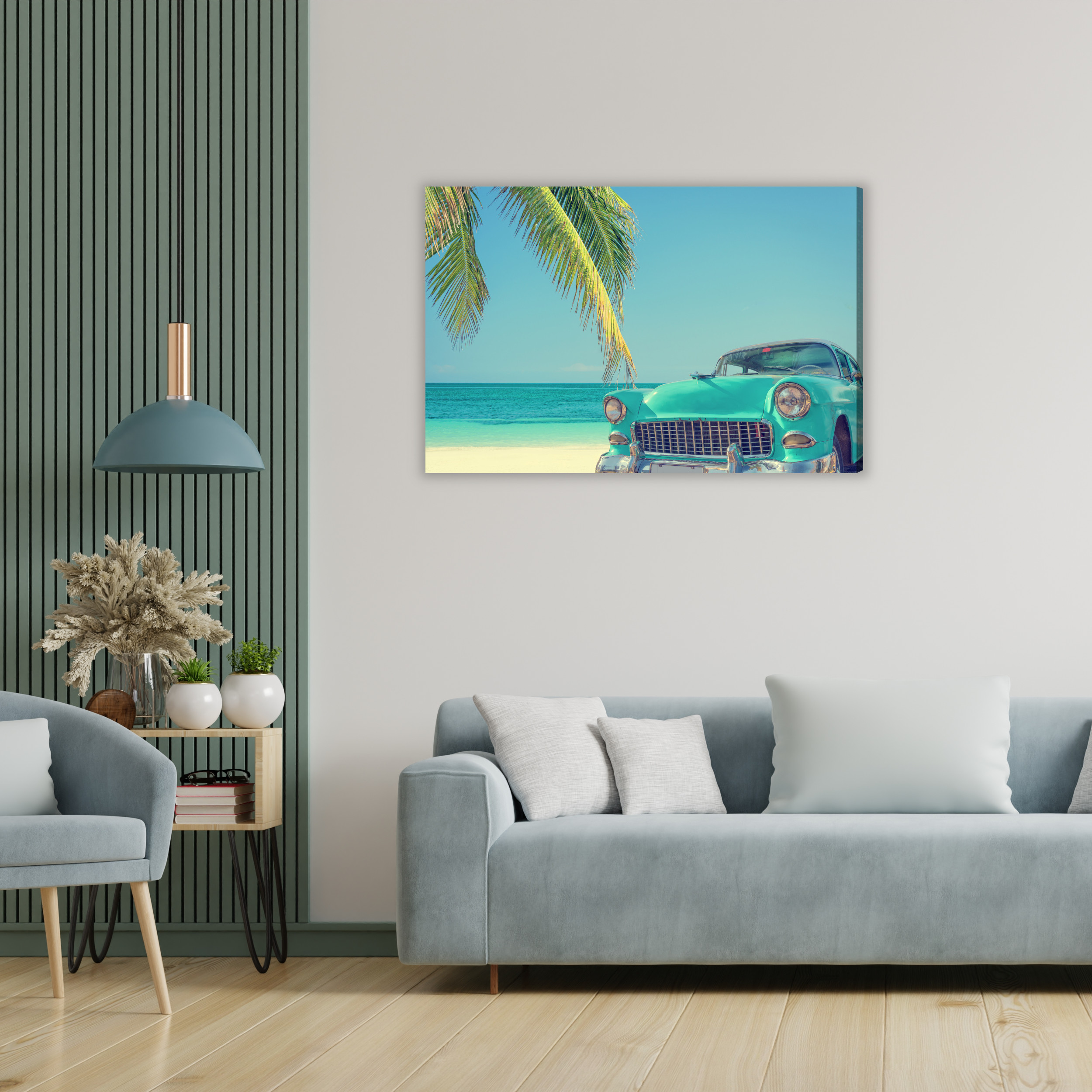 Canvas print retro car by palm trees on the beach - Image 3