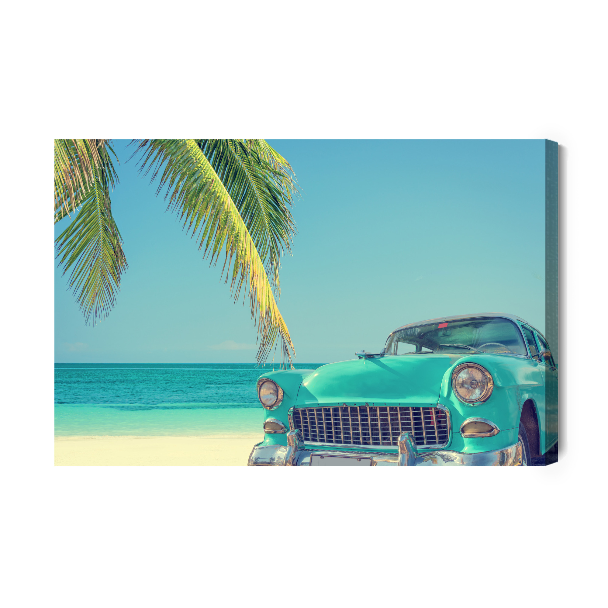 Canvas print retro car by palm trees on the beach - Image 2