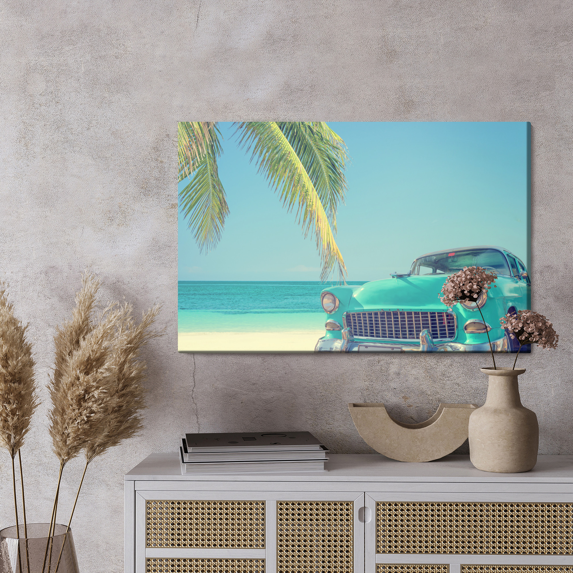 Canvas print retro car by palm trees on the beach - Image 4