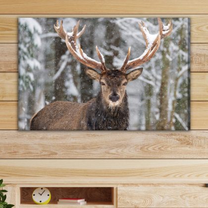 Forest canvas wall art: Deer in winter scenery – elegant living room decor