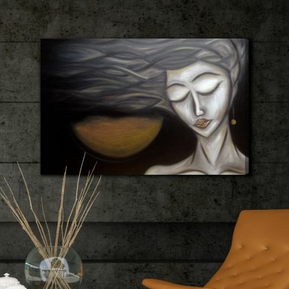Abstract canvas portrait: woman and golden glow