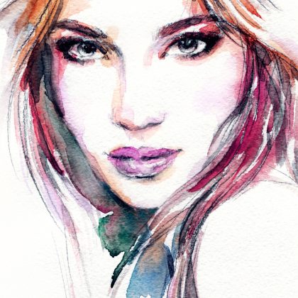 Glamour canvas art: woman portrait in watercolor style
