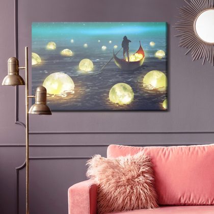 Canvas Wall Art: Magical Night at Sea – Moon Fishing