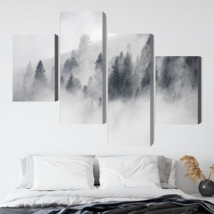 Misty Mountain Forest – Four-Panel Canvas Wall Art