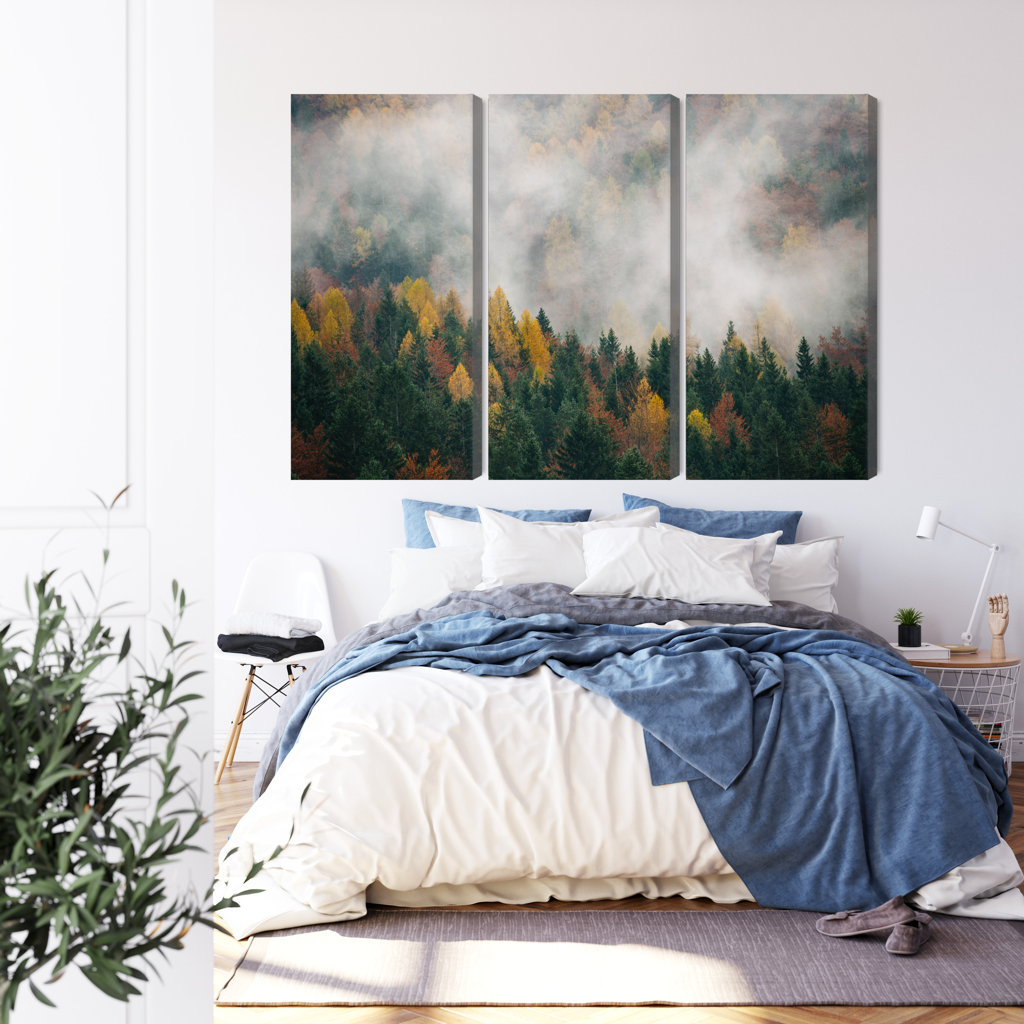 Autumn Forest in Mist – Triptych Canvas Wall Art - Image 3