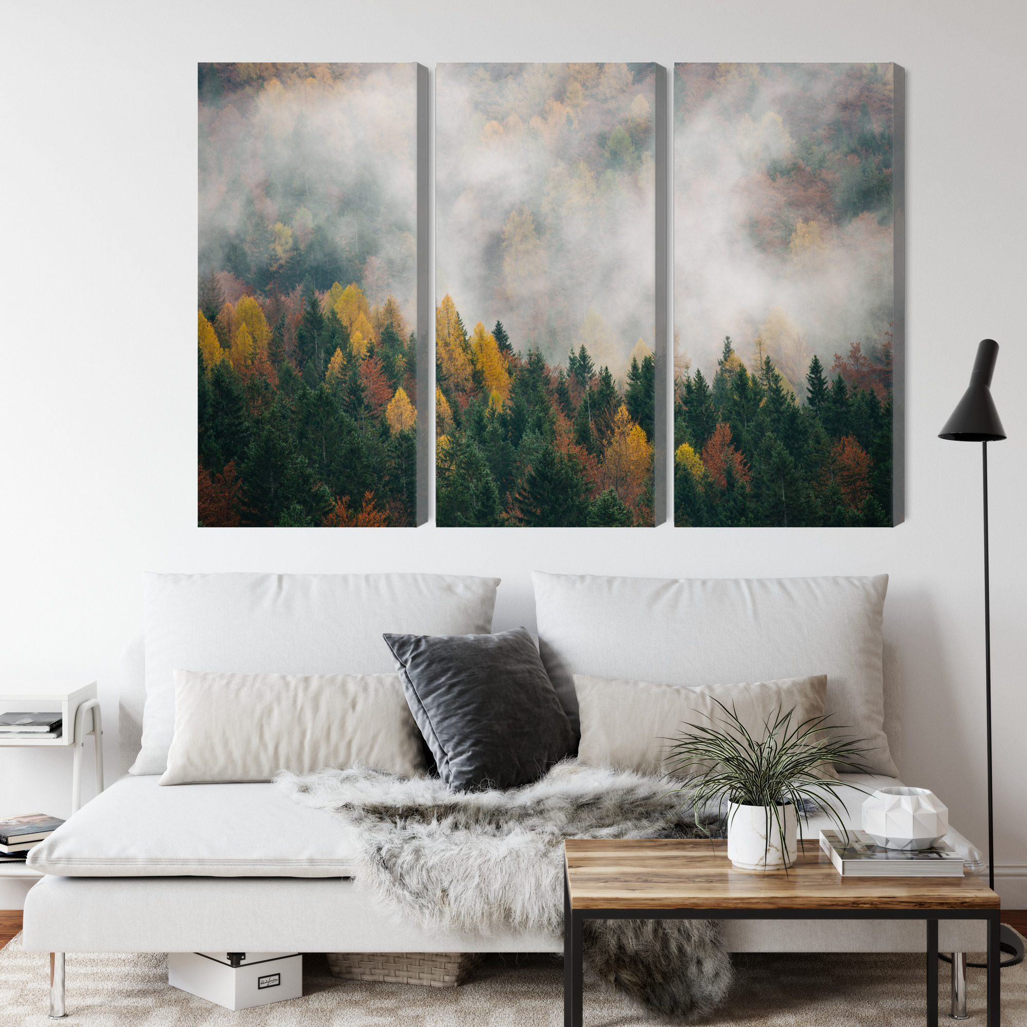 Autumn Forest in Mist – Triptych Canvas Wall Art - Image 4