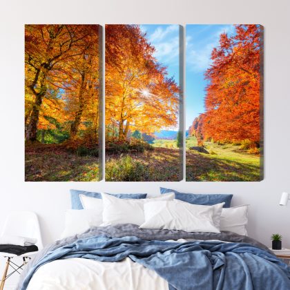 Autumn Forest in Sunlight – Triptych Canvas Wall Art