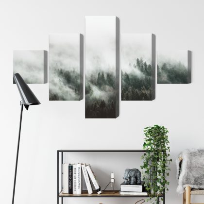 Misty Forest at Dawn - 5-Panel Canvas Wall Art