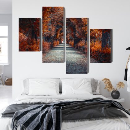 Autumn Alley in Red – 4-Panel Canvas Wall Art