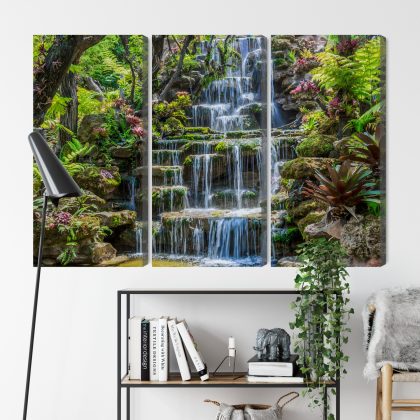 Tropical Waterfall in Green – Triptych Canvas Wall Art