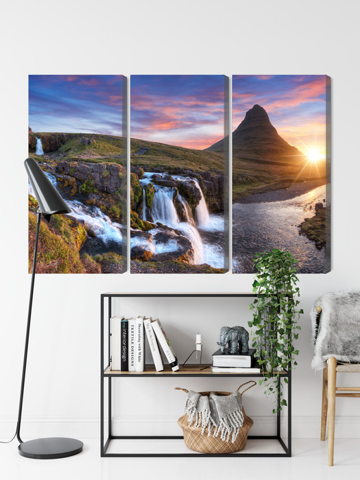 Sunset Over a Waterfall – Triptych Canvas Wall Art - Image 9